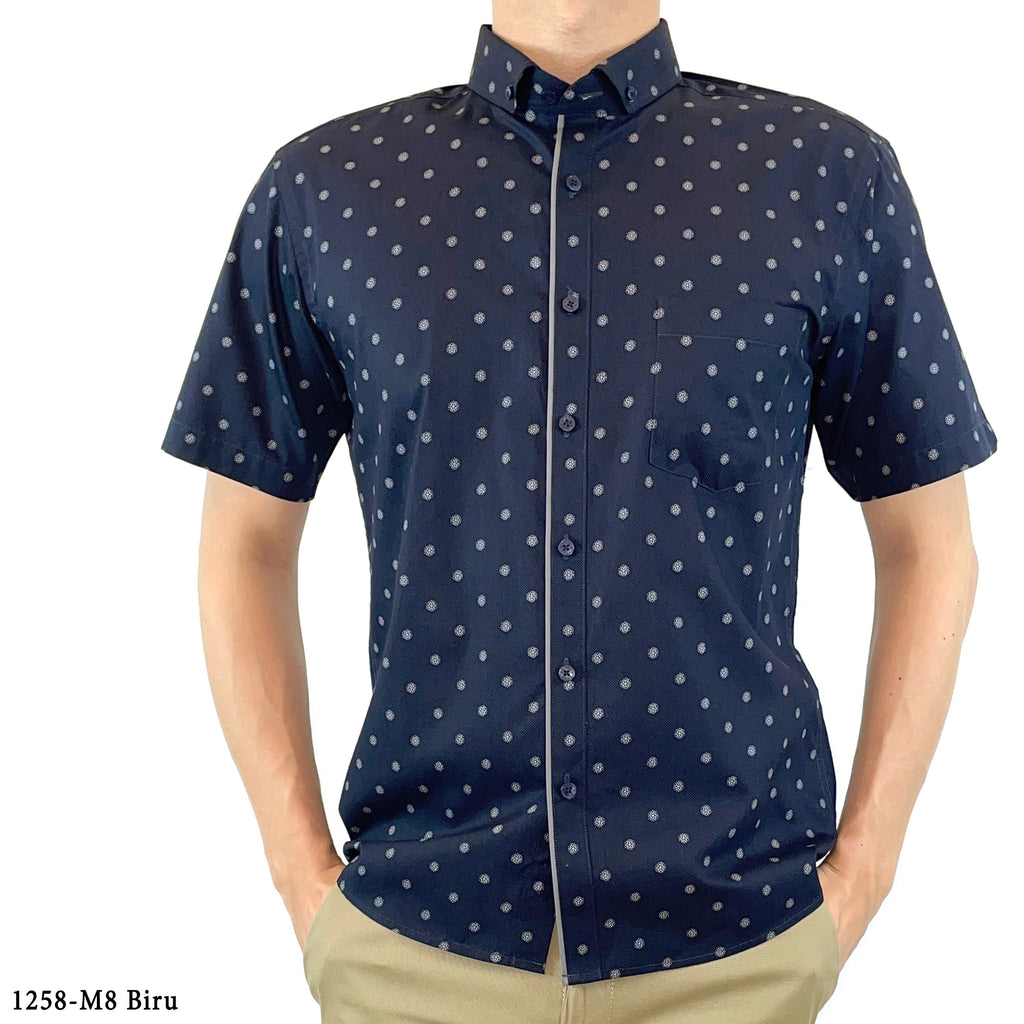 Boss SUPER Kemeja Motif Pria Lengan Pendek Slim Fit 1258 Coklat Biru