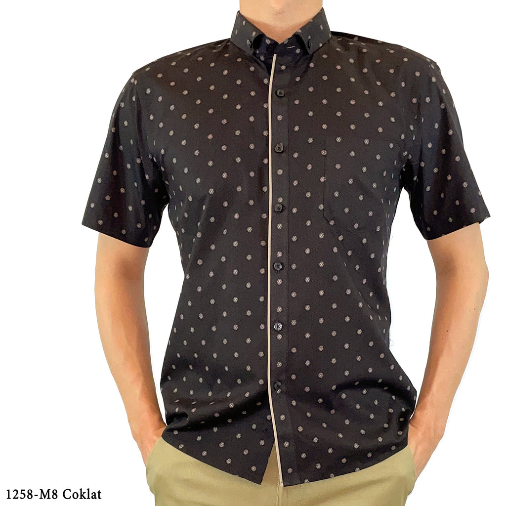 Boss SUPER Kemeja Motif Pria Lengan Pendek Slim Fit 1258 Coklat Biru