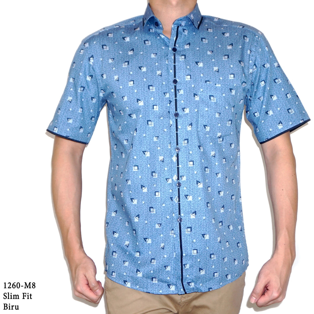 Boss SUPER Kemeja Motif Pria Lengan Pendek Slim Fit 1260 Abu Biru