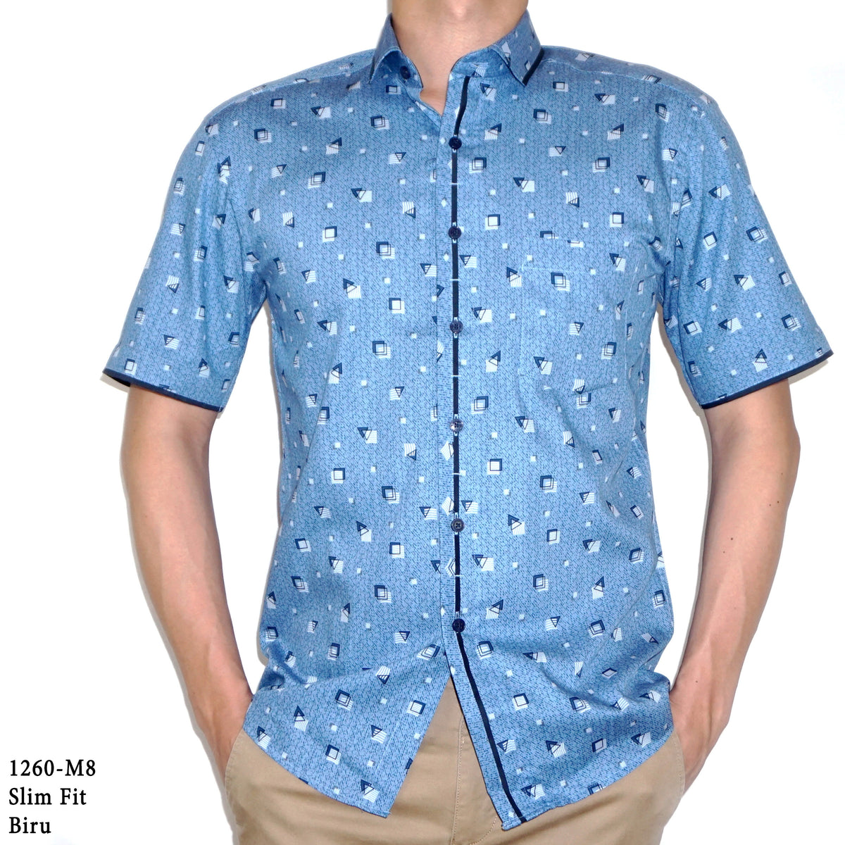 Boss SUPER Kemeja Motif Pria Lengan Pendek Slim Fit 1260 Abu Biru