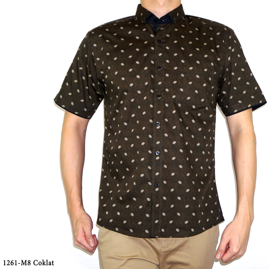 Boss SUPER Kemeja Motif Lengan Pendek Slim Fit 1261 Cokelat Biru