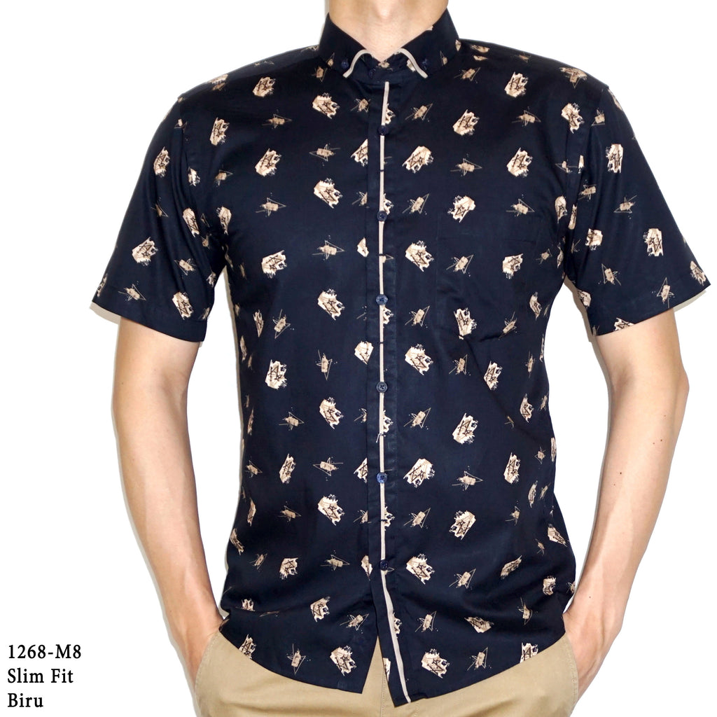 Boss SUPER Kemeja Motif Pria Lengan Pendek Regular Fit Slim Fit