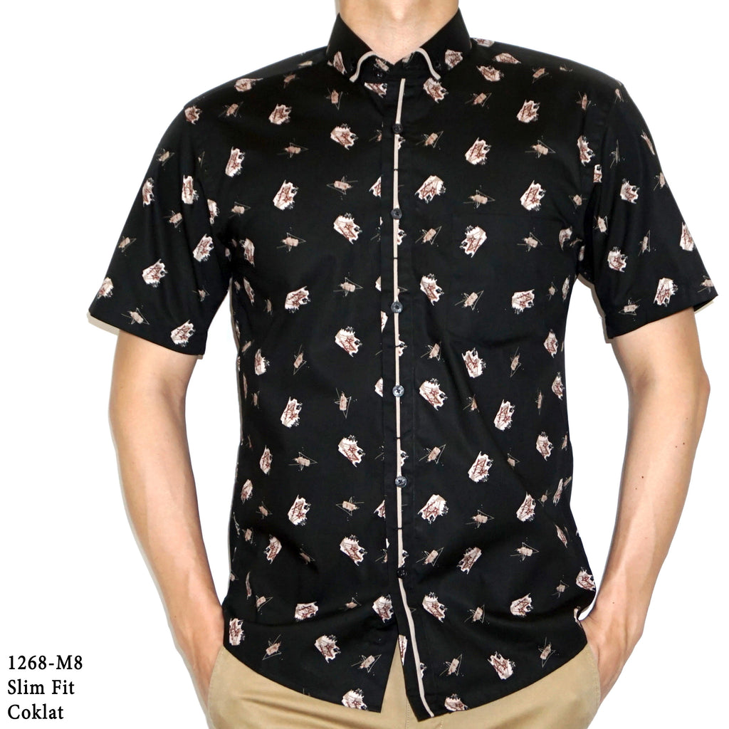 Boss SUPER Kemeja Motif Pria Lengan Pendek Regular Fit Slim Fit