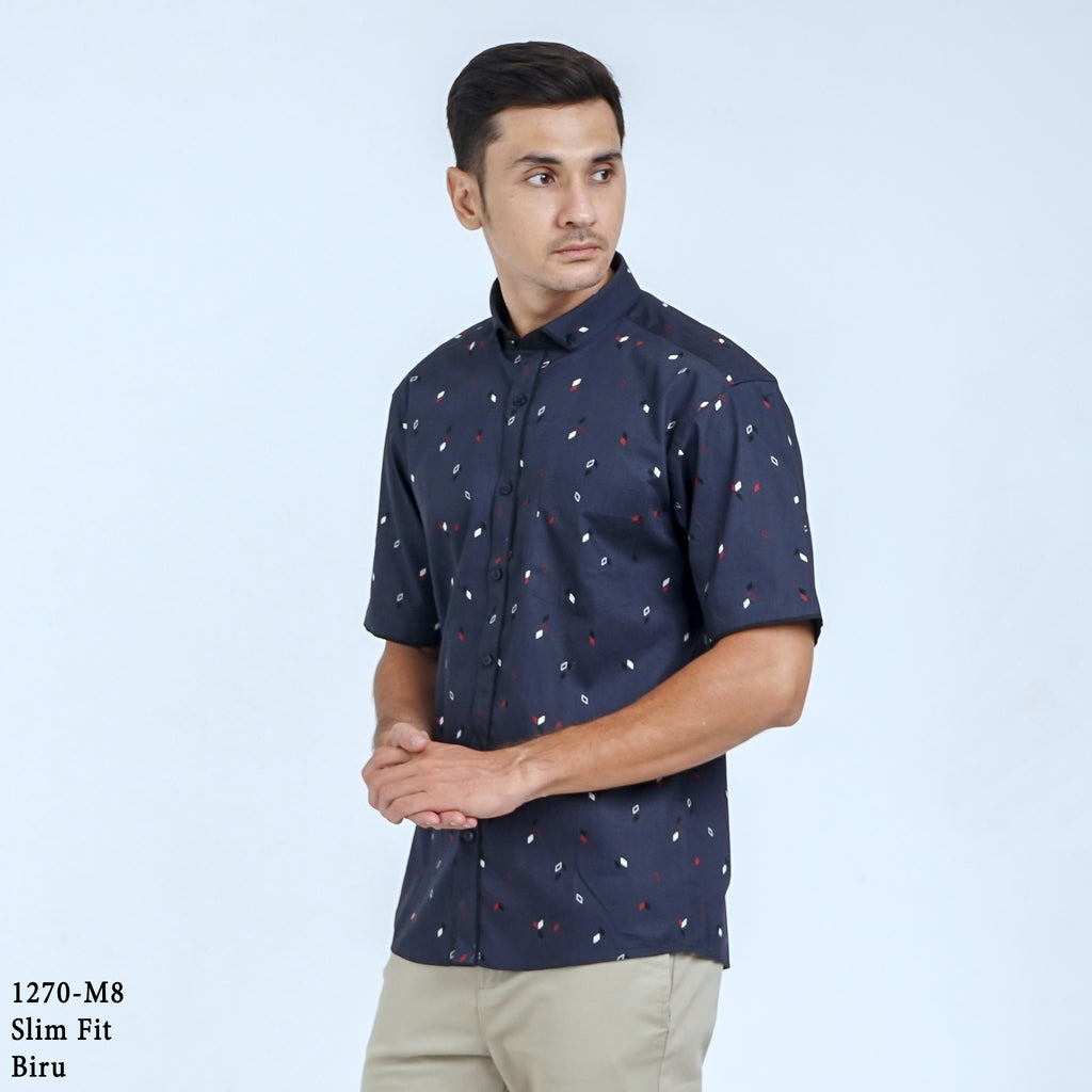 Boss SUPER Kemeja Motif Pria Lengan Pendek Slim Fit 1270 Biru Coklat