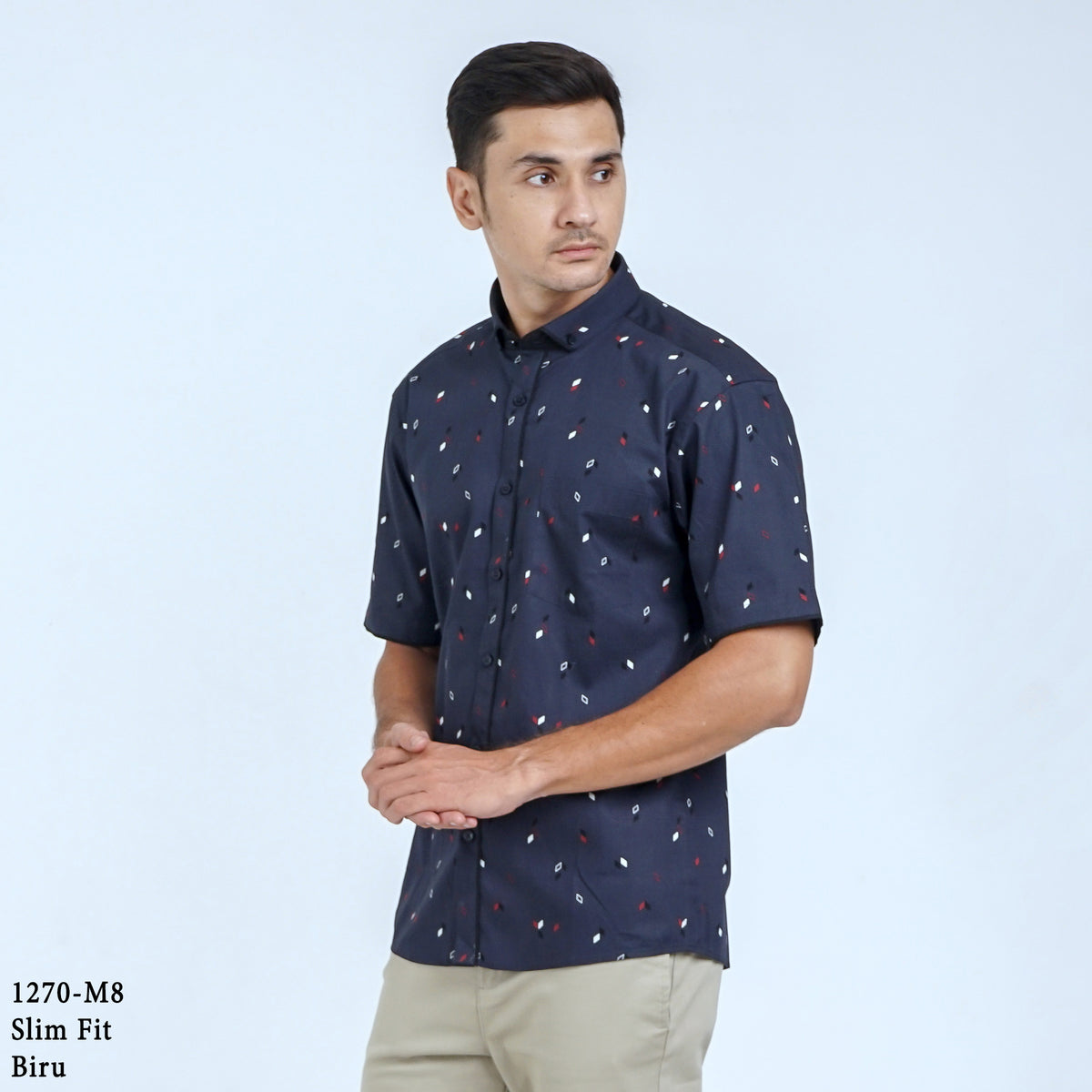 Boss SUPER Kemeja Motif Pria Lengan Pendek Slim Fit 1270 Biru Coklat