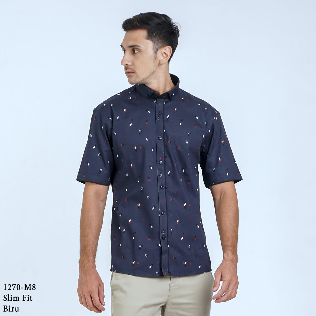 Boss SUPER Kemeja Motif Pria Lengan Pendek Slim Fit 1270 Biru Coklat