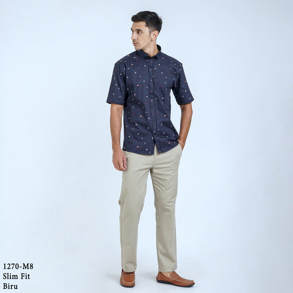 Boss SUPER Kemeja Motif Pria Lengan Pendek Slim Fit 1270 Biru Coklat