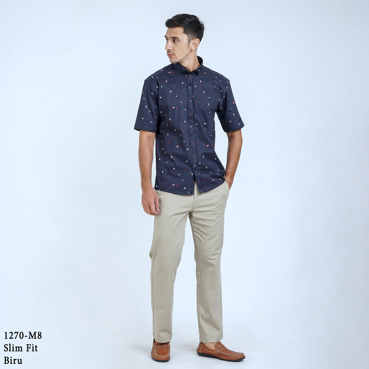 Boss SUPER Kemeja Motif Pria Lengan Pendek Slim Fit 1270 Biru Coklat