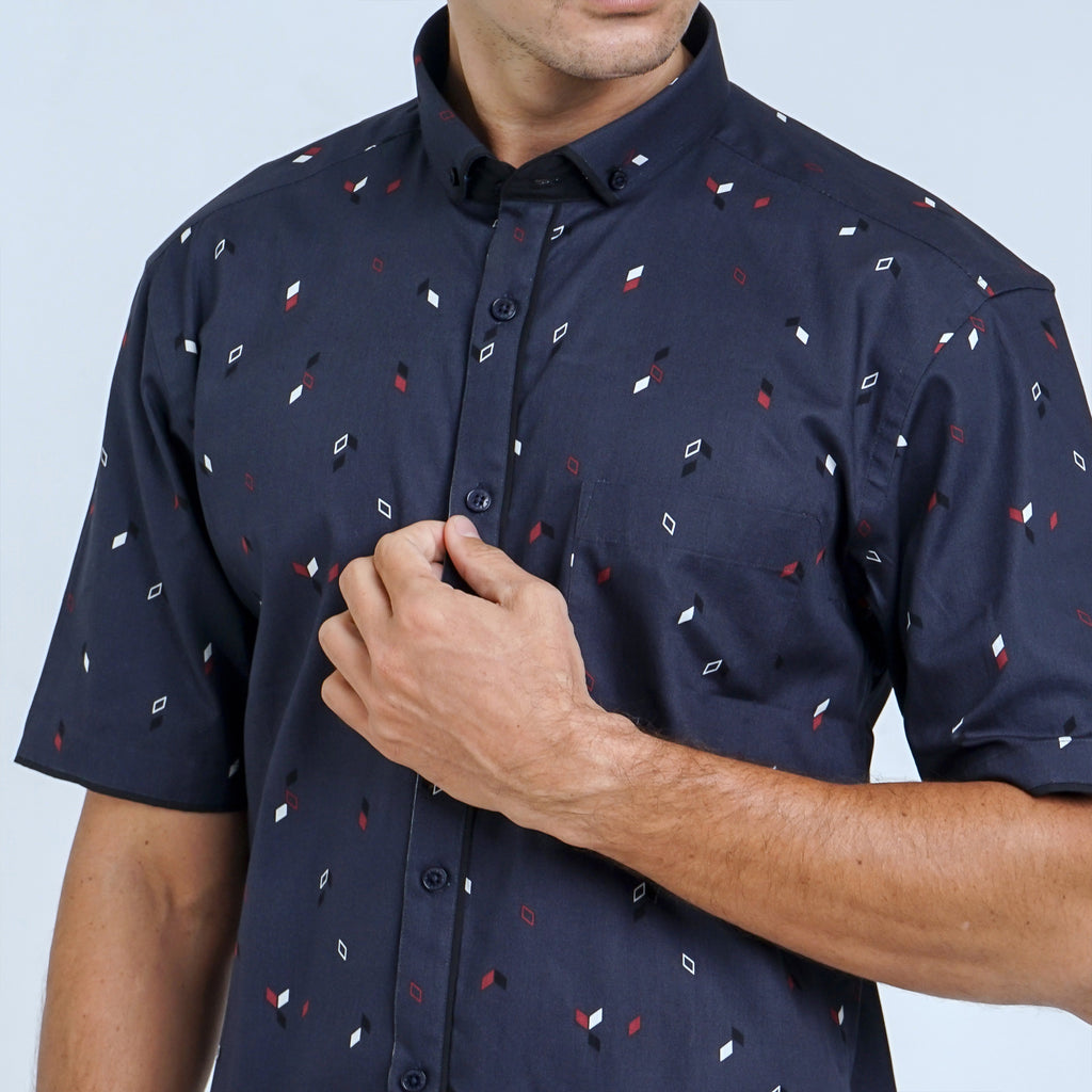 Boss SUPER Kemeja Motif Pria Lengan Pendek Slim Fit 1270 Biru Coklat