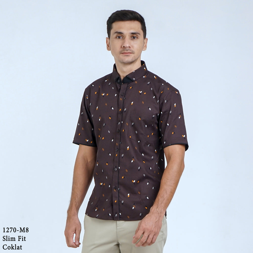 Boss SUPER Kemeja Motif Pria Lengan Pendek Slim Fit 1270 Biru Coklat