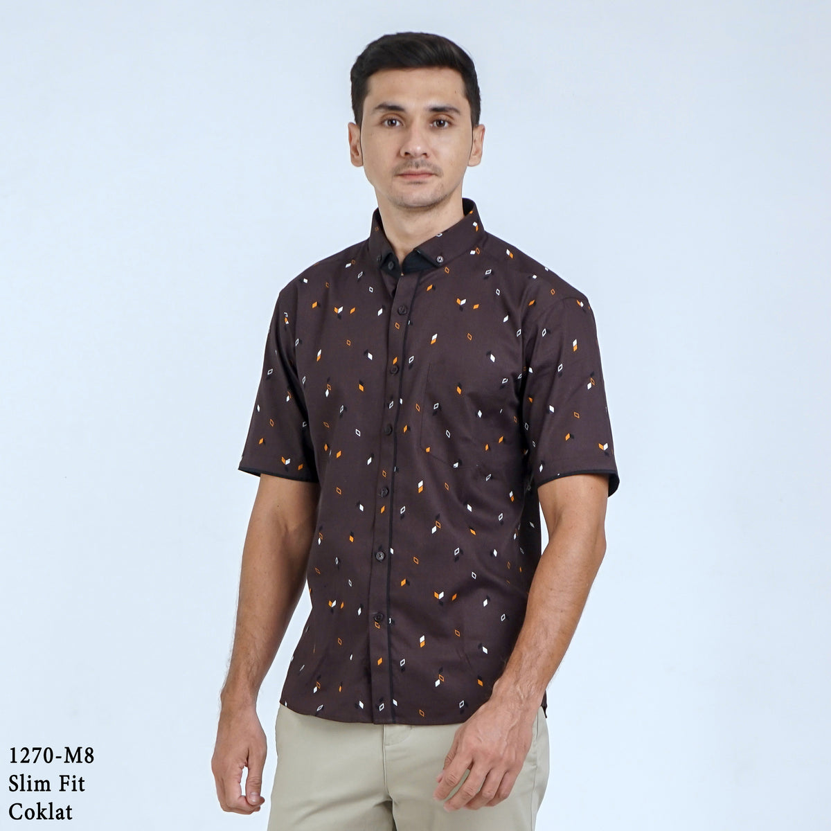 Boss SUPER Kemeja Motif Pria Lengan Pendek Slim Fit 1270 Biru Coklat
