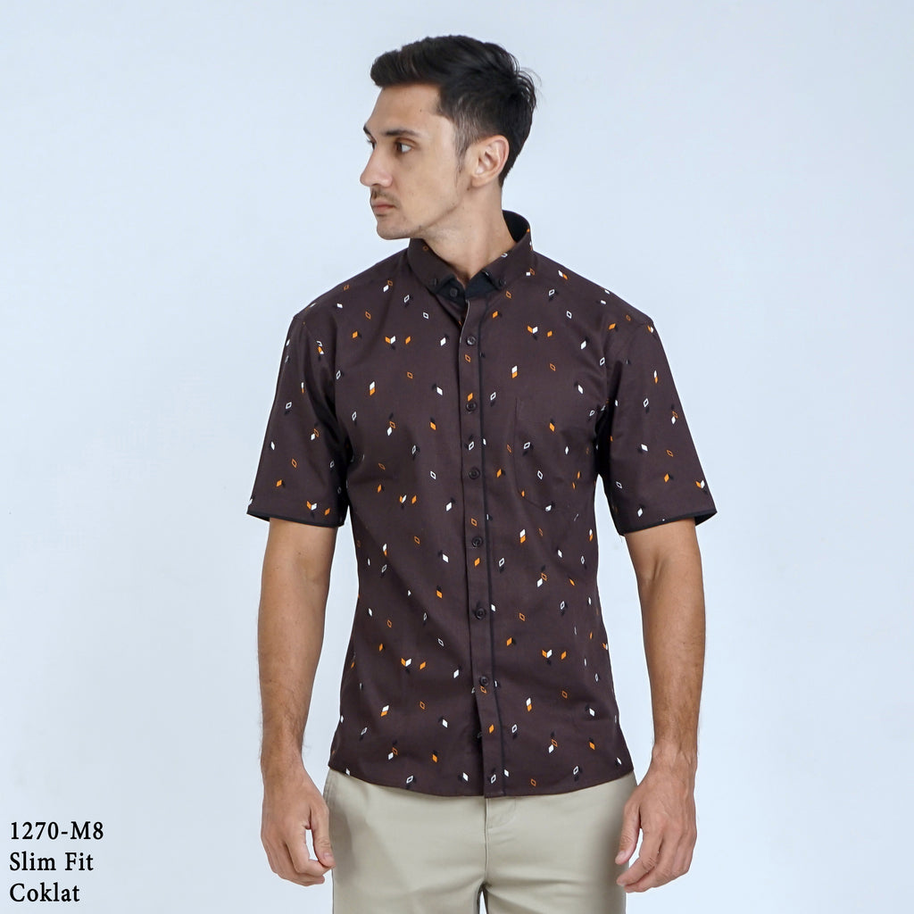 Boss SUPER Kemeja Motif Pria Lengan Pendek Slim Fit 1270 Biru Coklat
