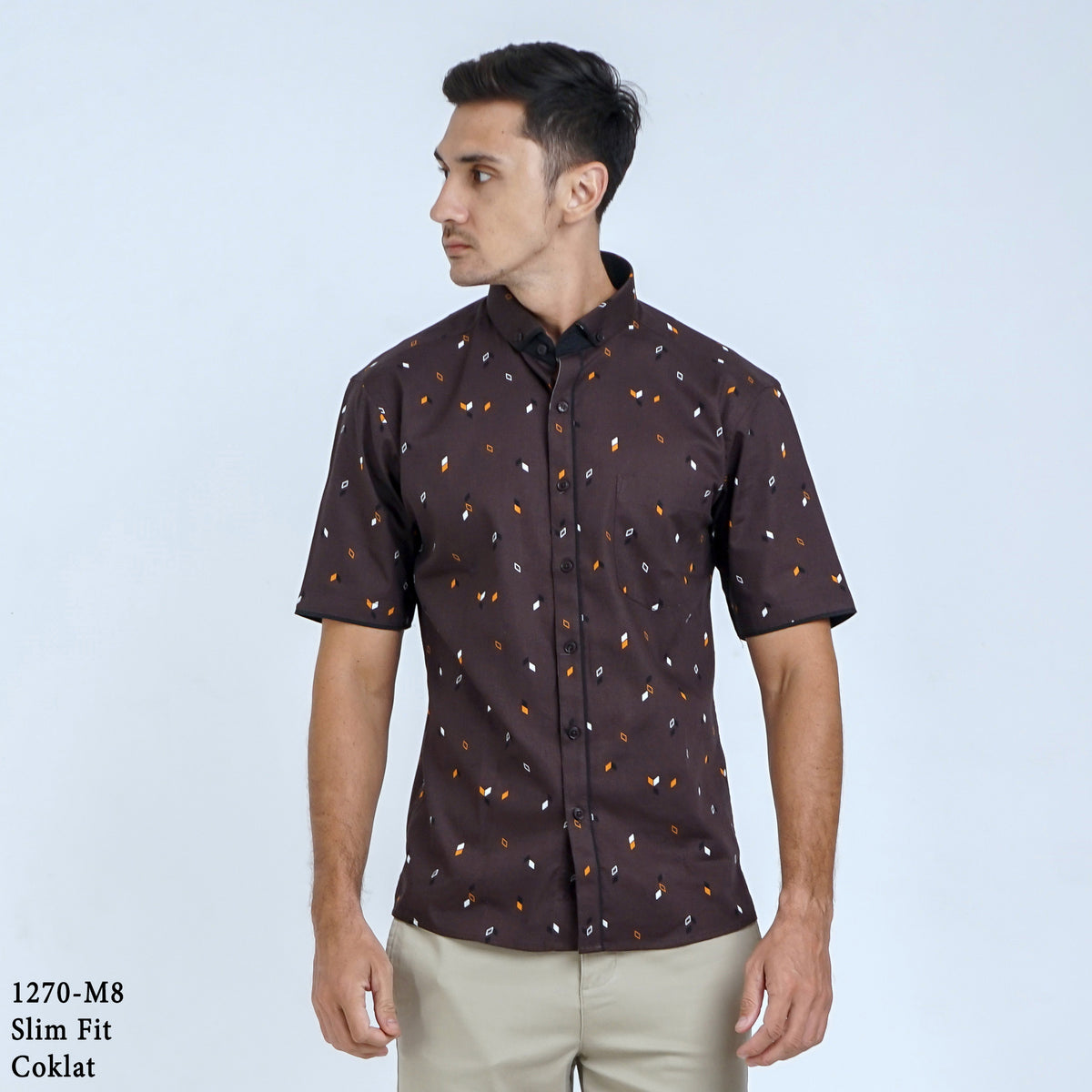 Boss SUPER Kemeja Motif Pria Lengan Pendek Slim Fit 1270 Biru Coklat