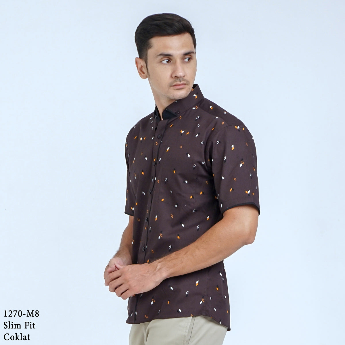Boss SUPER Kemeja Motif Pria Lengan Pendek Slim Fit 1270 Biru Coklat