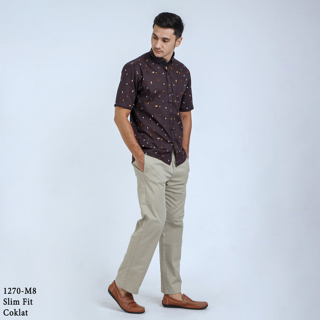 Boss SUPER Kemeja Motif Pria Lengan Pendek Slim Fit 1270 Biru Coklat