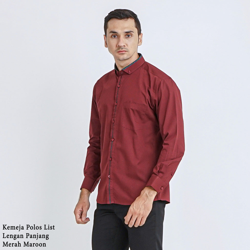 Boss SUPER Kemeja Polos Pria Eco Cotton Kombinasi List Tengah Lengan Panjang Slim Fit 1801N Merah