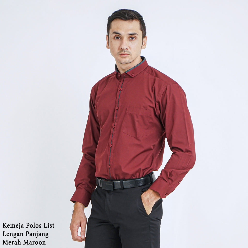 Boss SUPER Kemeja Polos Pria Eco Cotton Kombinasi List Tengah Lengan Panjang Slim Fit 1801N Merah