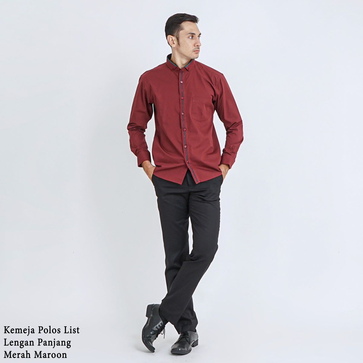 Boss SUPER Kemeja Polos Pria Eco Cotton Kombinasi List Tengah Lengan Panjang Slim Fit 1801N Merah