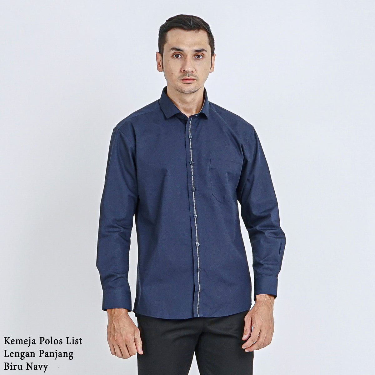 Boss SUPER Kemeja Polos Pria Eco Cotton Kombinasi List Tengah Lengan Panjang Slim Fit 1801 Biru Navy