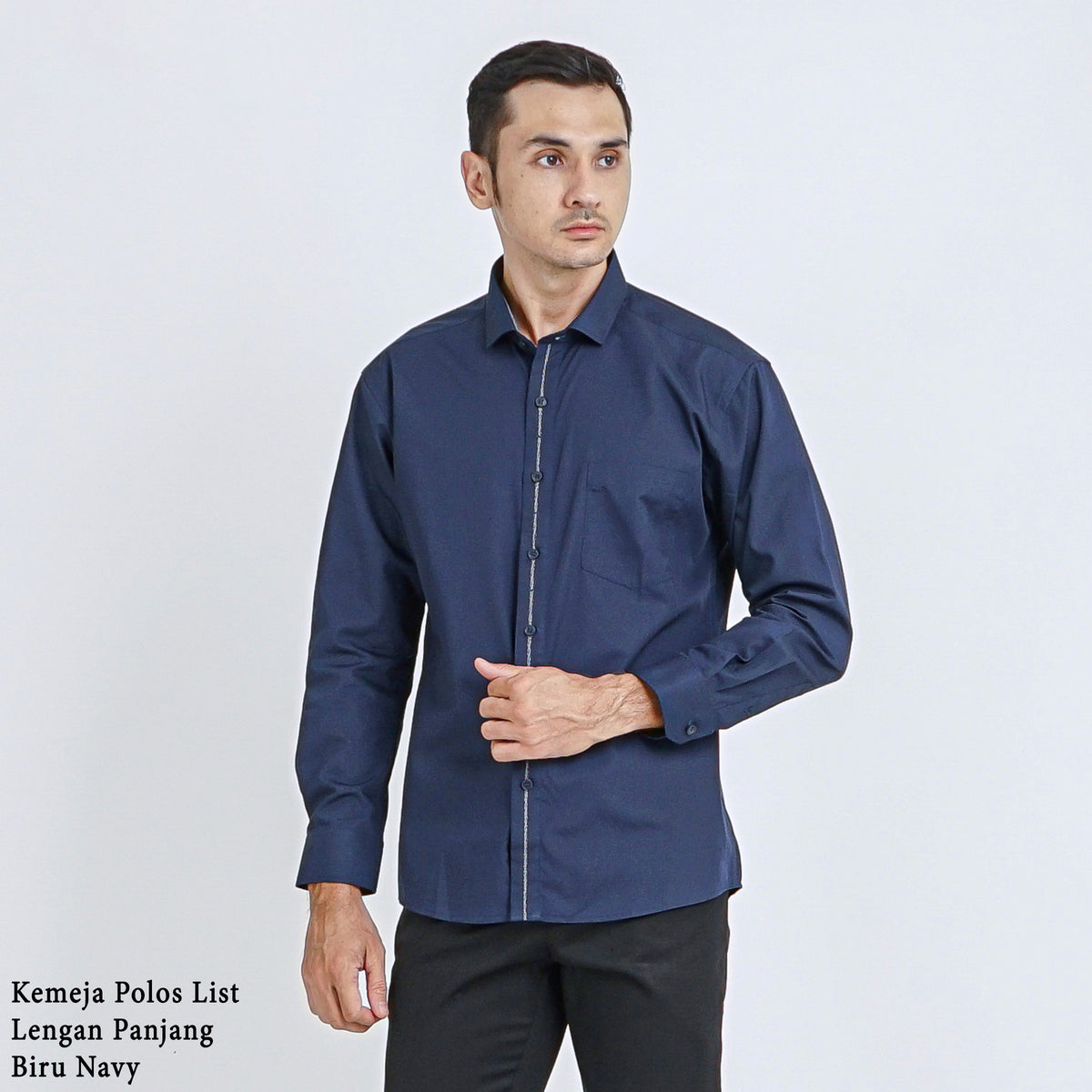 Boss SUPER Kemeja Polos Pria Eco Cotton Kombinasi List Tengah Lengan Panjang Slim Fit 1801 Biru Navy