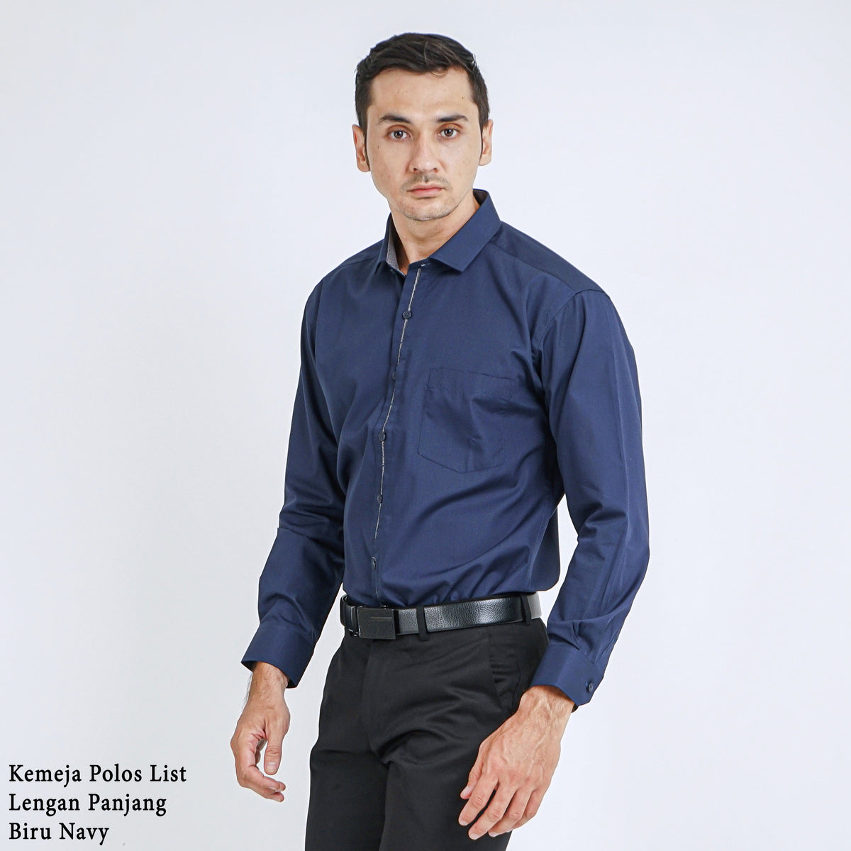 Boss SUPER Kemeja Polos Pria Eco Cotton Kombinasi List Tengah Lengan Panjang Slim Fit 1801 Biru Navy