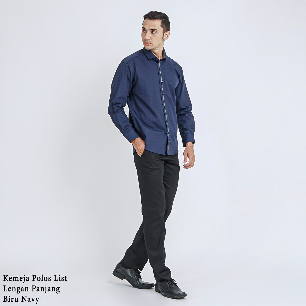 Boss SUPER Kemeja Polos Pria Eco Cotton Kombinasi List Tengah Lengan Panjang Slim Fit 1801 Biru Navy