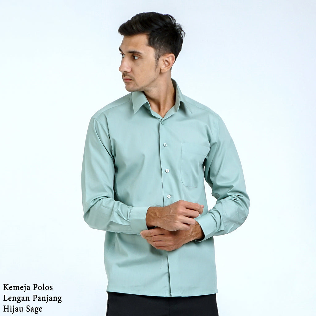 Boss SUPER Kemeja Polos Pria Lengan Panjang Hijau Sage