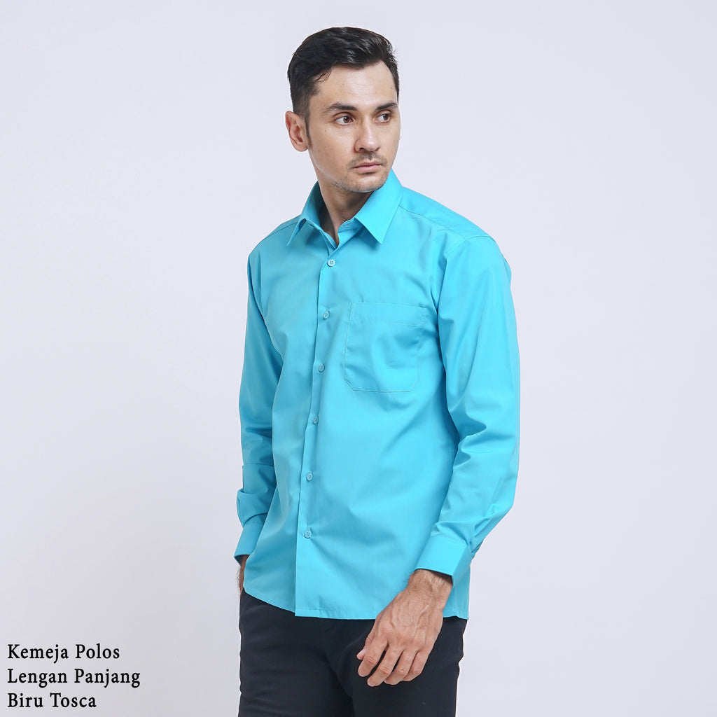 Boss SUPER Kemeja Polos Pria Lengan Panjang Regular Fit Biru Tosca