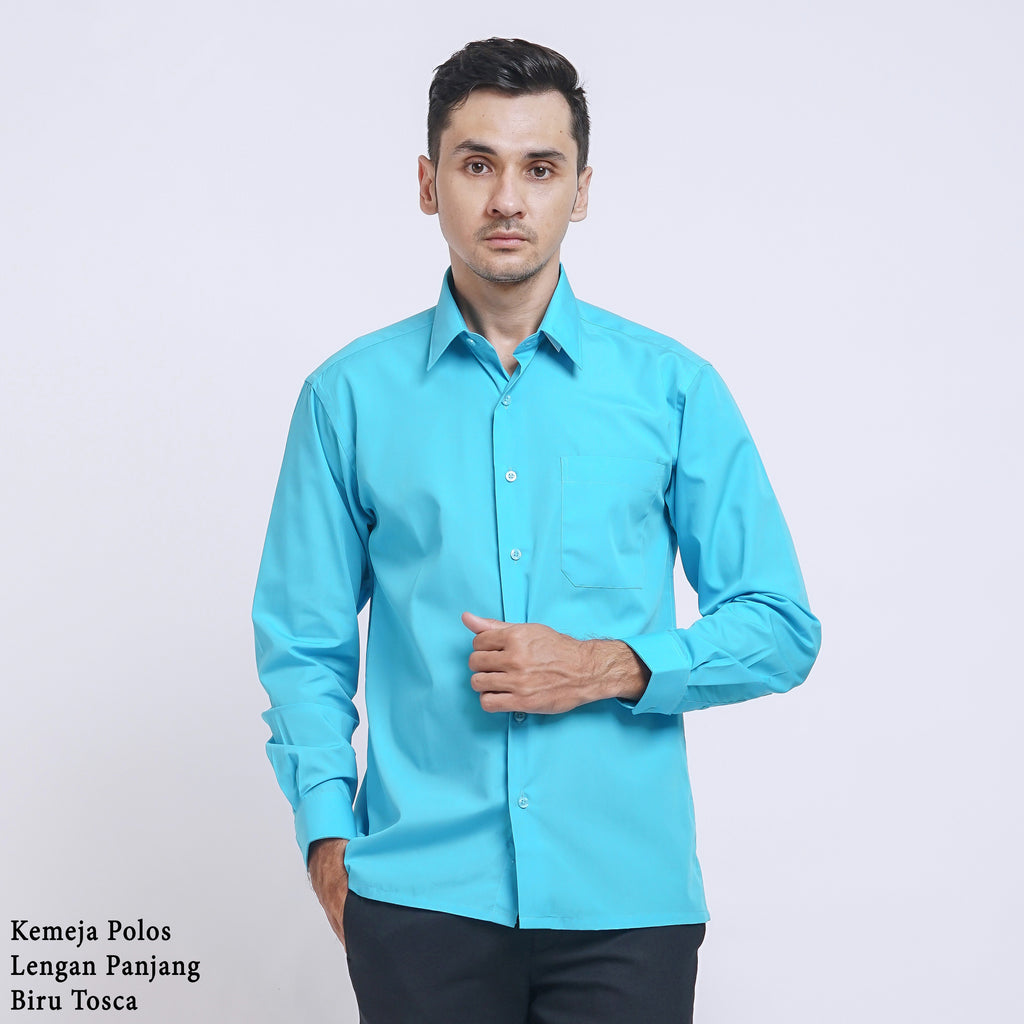 Boss SUPER Kemeja Polos Pria Lengan Panjang Regular Fit Biru Tosca