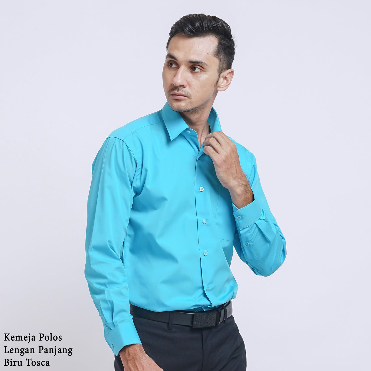 Boss SUPER Kemeja Polos Pria Lengan Panjang Regular Fit Biru Tosca