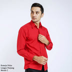 Boss SUPER - Kemeja Polos Pria Lengan Panjang Atasan Hem Kantor Cowok Regular Fit Merah | Size 3XS - 4XL