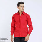 Boss SUPER - Kemeja Polos Pria Lengan Panjang Atasan Hem Kantor Cowok Regular Fit Merah | Size 3XS - 4XL