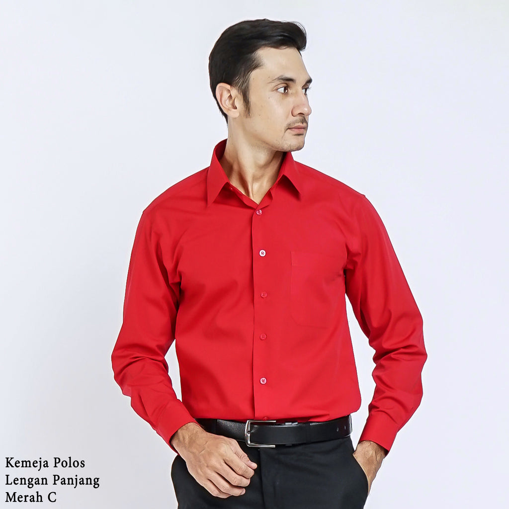 Boss SUPER - Kemeja Polos Pria Lengan Panjang Atasan Hem Kantor Cowok Regular Fit Merah | Size 3XS - 4XL