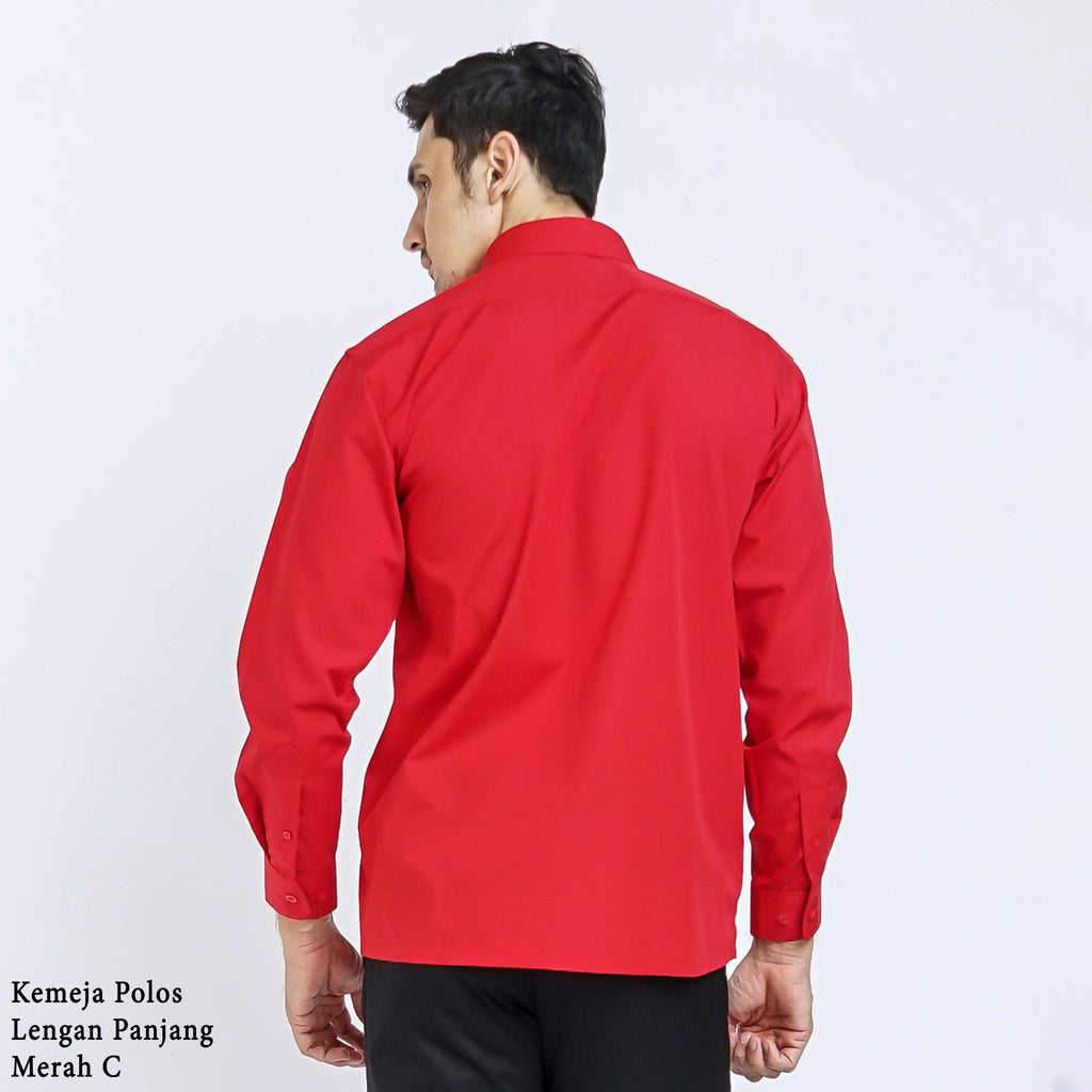 Boss SUPER - Kemeja Polos Pria Lengan Panjang Atasan Hem Kantor Cowok Regular Fit Merah | Size 3XS - 4XL