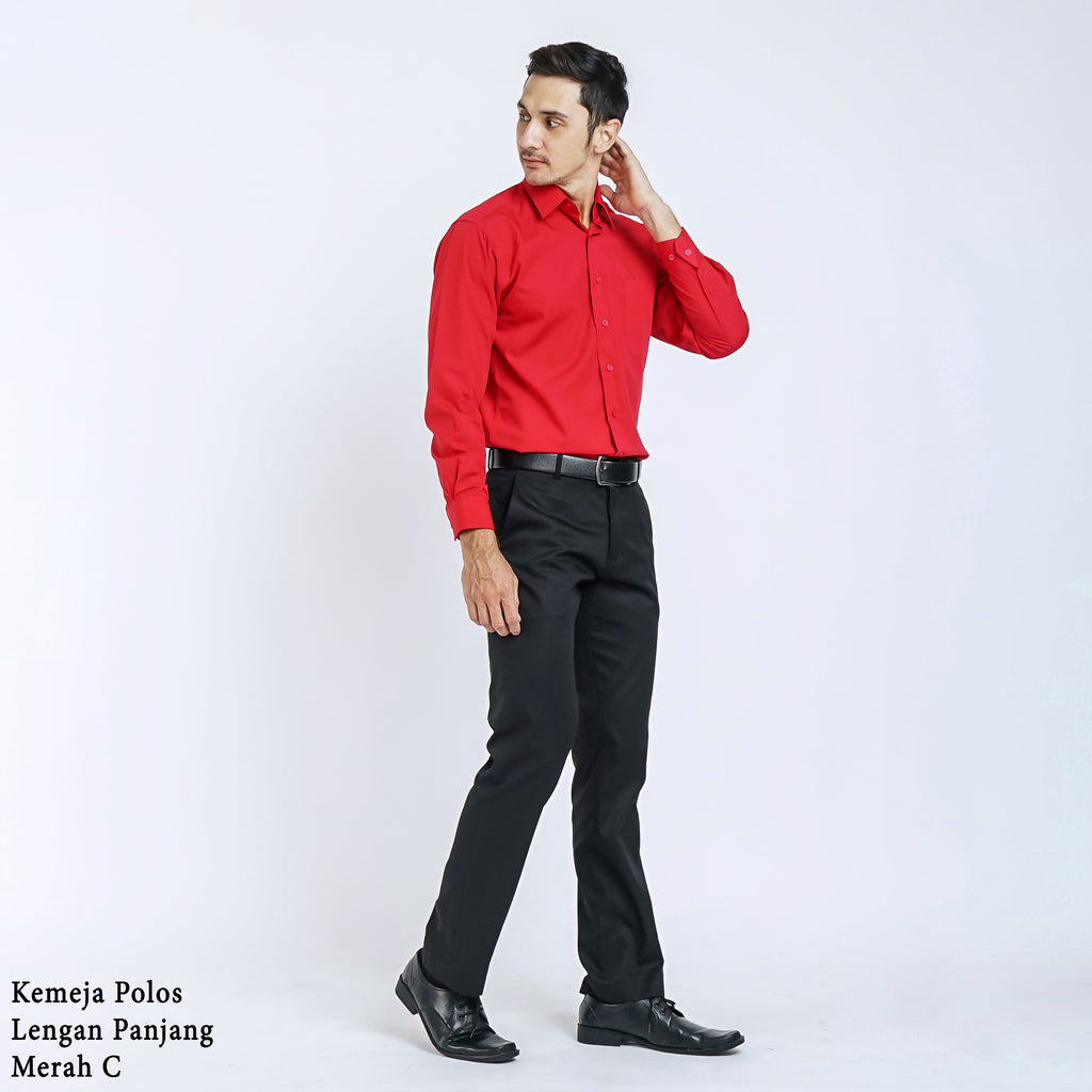 Boss SUPER - Kemeja Polos Pria Lengan Panjang Atasan Hem Kantor Cowok Regular Fit Merah | Size 3XS - 4XL