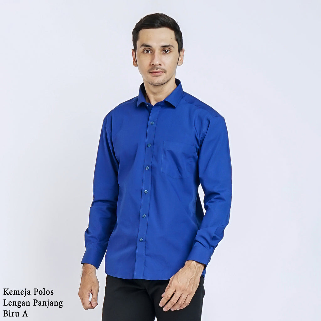 Boss SUPER - Kemeja Polos Pria Lengan Panjang Atasan Hem Kantor Cowok Regular/Slim Fit Biru Muda Elektrik A