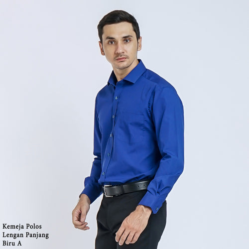 Boss SUPER - Kemeja Polos Pria Lengan Panjang Atasan Hem Kantor Cowok Regular/Slim Fit Biru Muda Elektrik A
