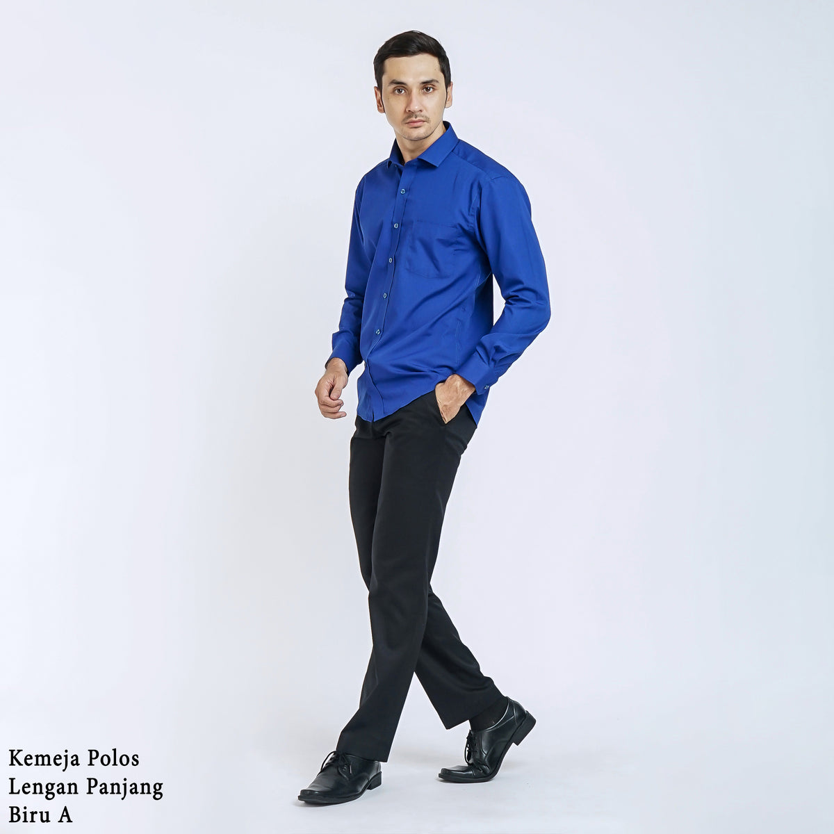 Boss SUPER - Kemeja Polos Pria Lengan Panjang Atasan Hem Kantor Cowok Regular/Slim Fit Biru Muda Elektrik A