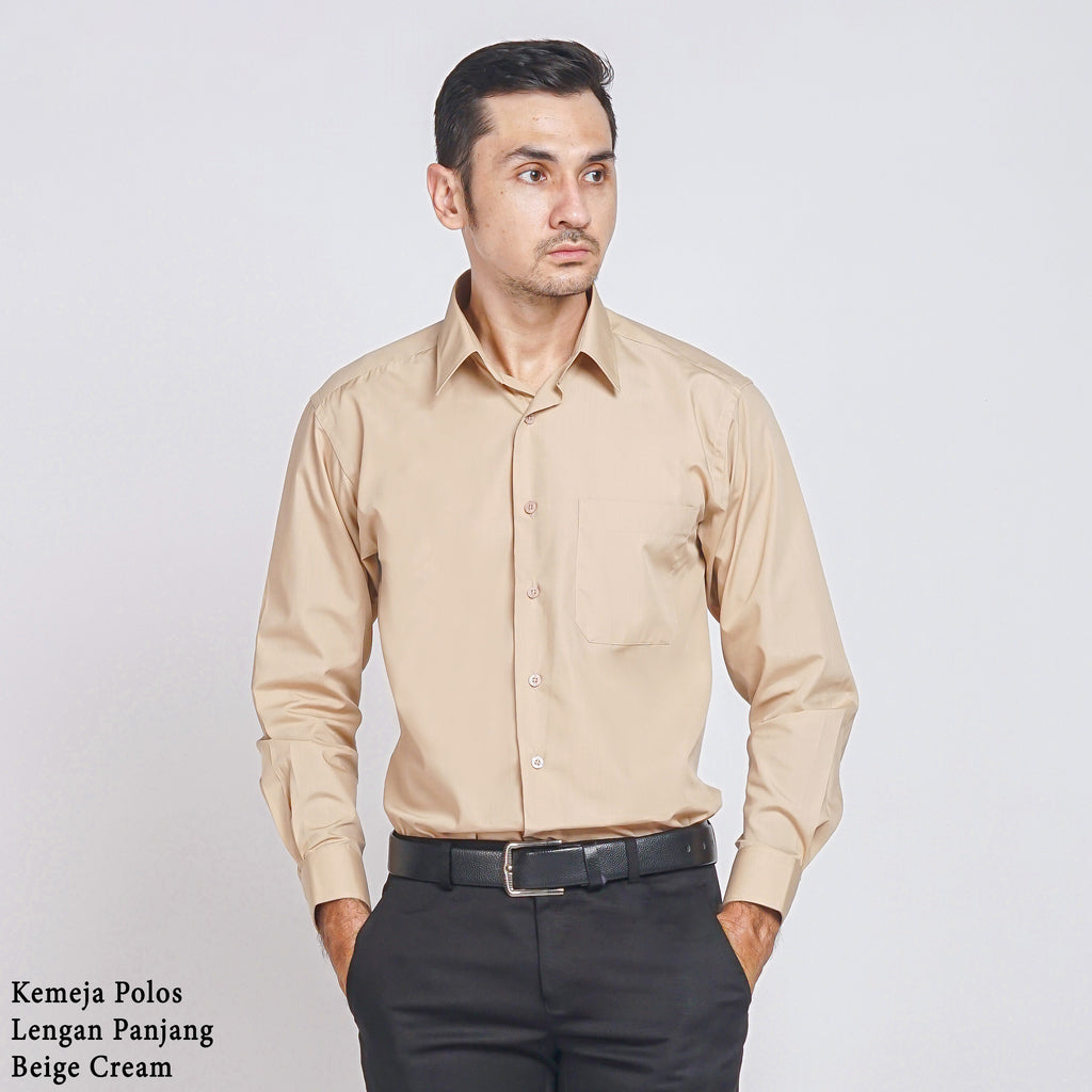 Boss SUPER Kemeja Polos Pria Lengan Panjang Regular Fit Coklat Beige Cream