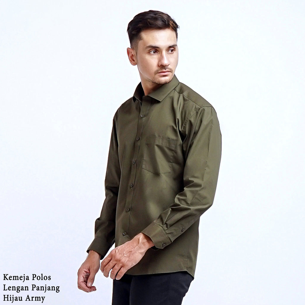 Boss SUPER Kemeja Polos Pria Lengan Panjang Hijau Army