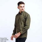 Boss SUPER Kemeja Polos Pria Lengan Panjang Hijau Army