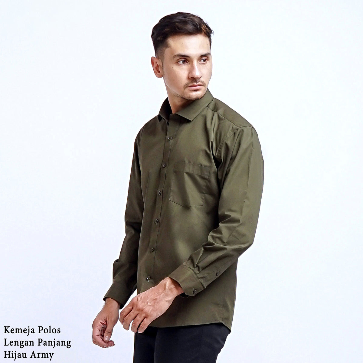 Boss SUPER Kemeja Polos Pria Lengan Panjang Hijau Army