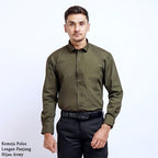 Boss SUPER Kemeja Polos Pria Lengan Panjang Hijau Army