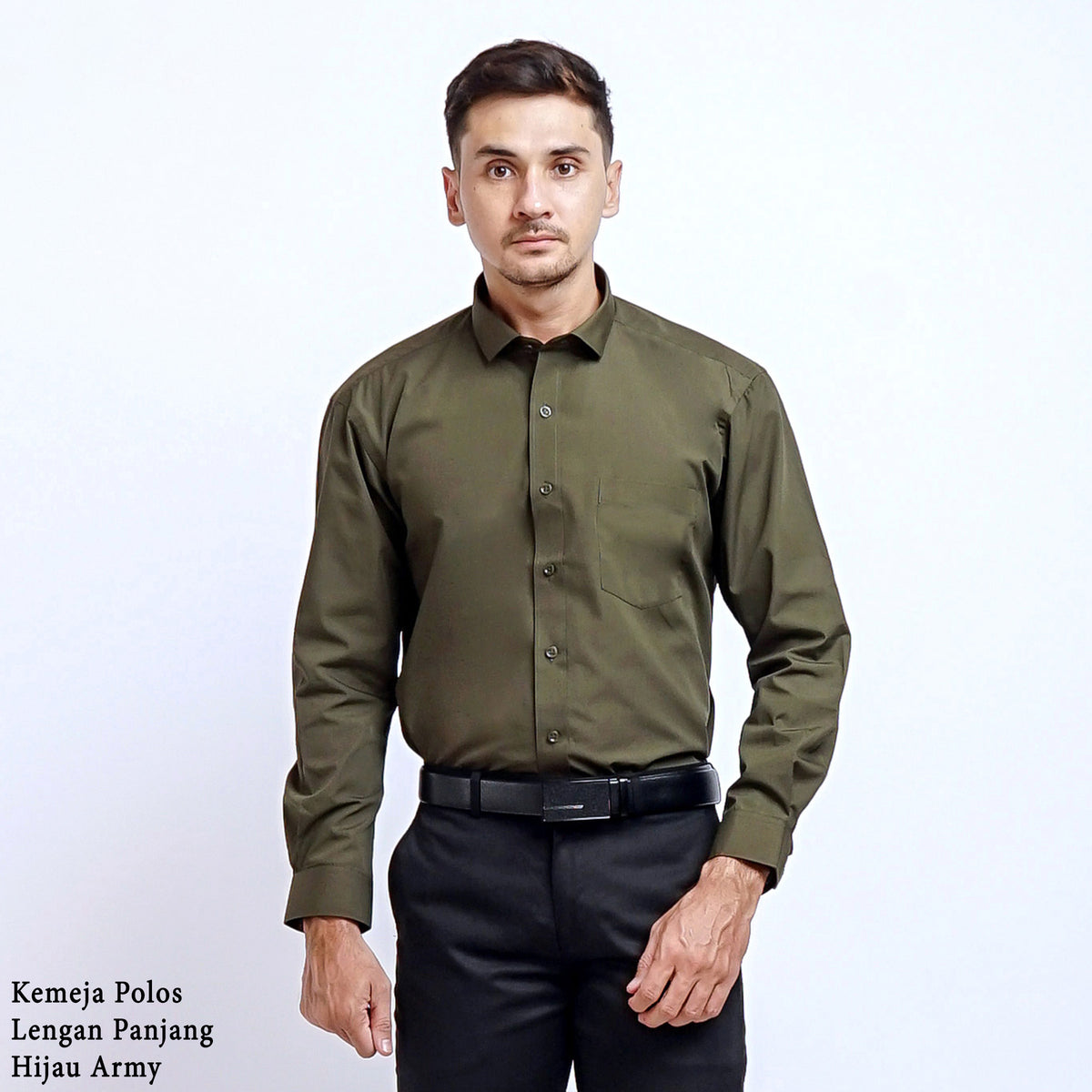 Boss SUPER Kemeja Polos Pria Lengan Panjang Hijau Army