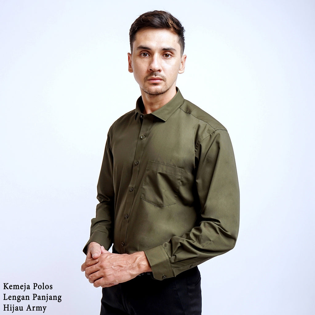 Boss SUPER Kemeja Polos Pria Lengan Panjang Hijau Army