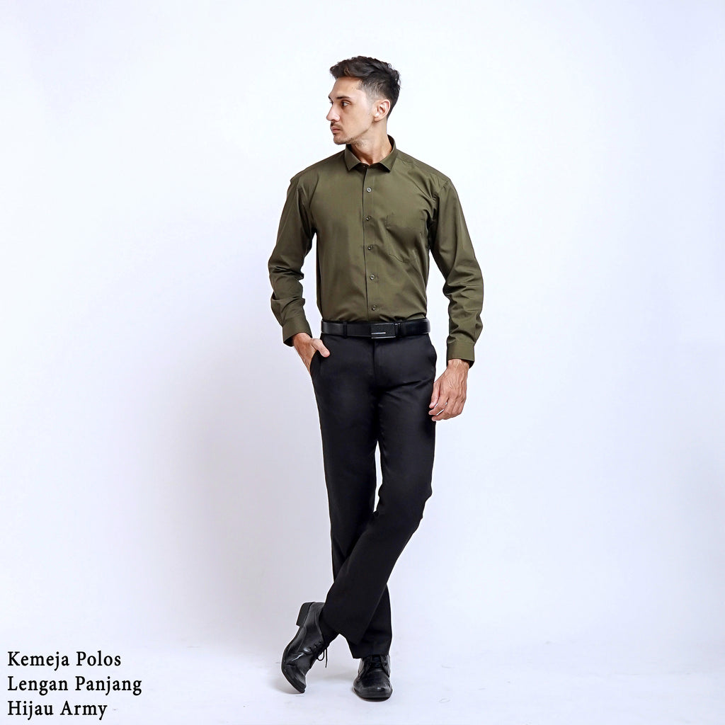 Boss SUPER Kemeja Polos Pria Lengan Panjang Hijau Army
