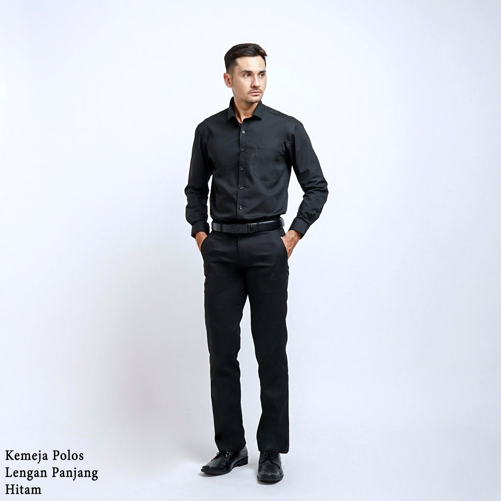 Boss SUPER Kemeja Polos Pria Lengan Panjang Hitam