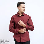 Boss SUPER Kemeja Polos Pria Lengan Panjang Merah Maroon