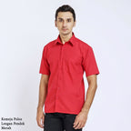 Boss SUPER - Kemeja Polos Pria Lengan Pendek Atasan Hem Kantor Cowok Regular Fit Merah | Size 3XS - 4XL