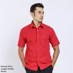 Boss SUPER - Kemeja Polos Pria Lengan Pendek Atasan Hem Kantor Cowok Regular Fit Merah | Size 3XS - 4XL